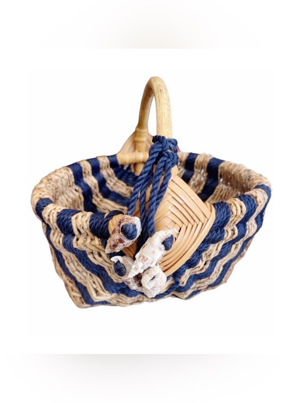 Coco Twigs/ Navy Rope Unique Basket With Shells 10” Diameter